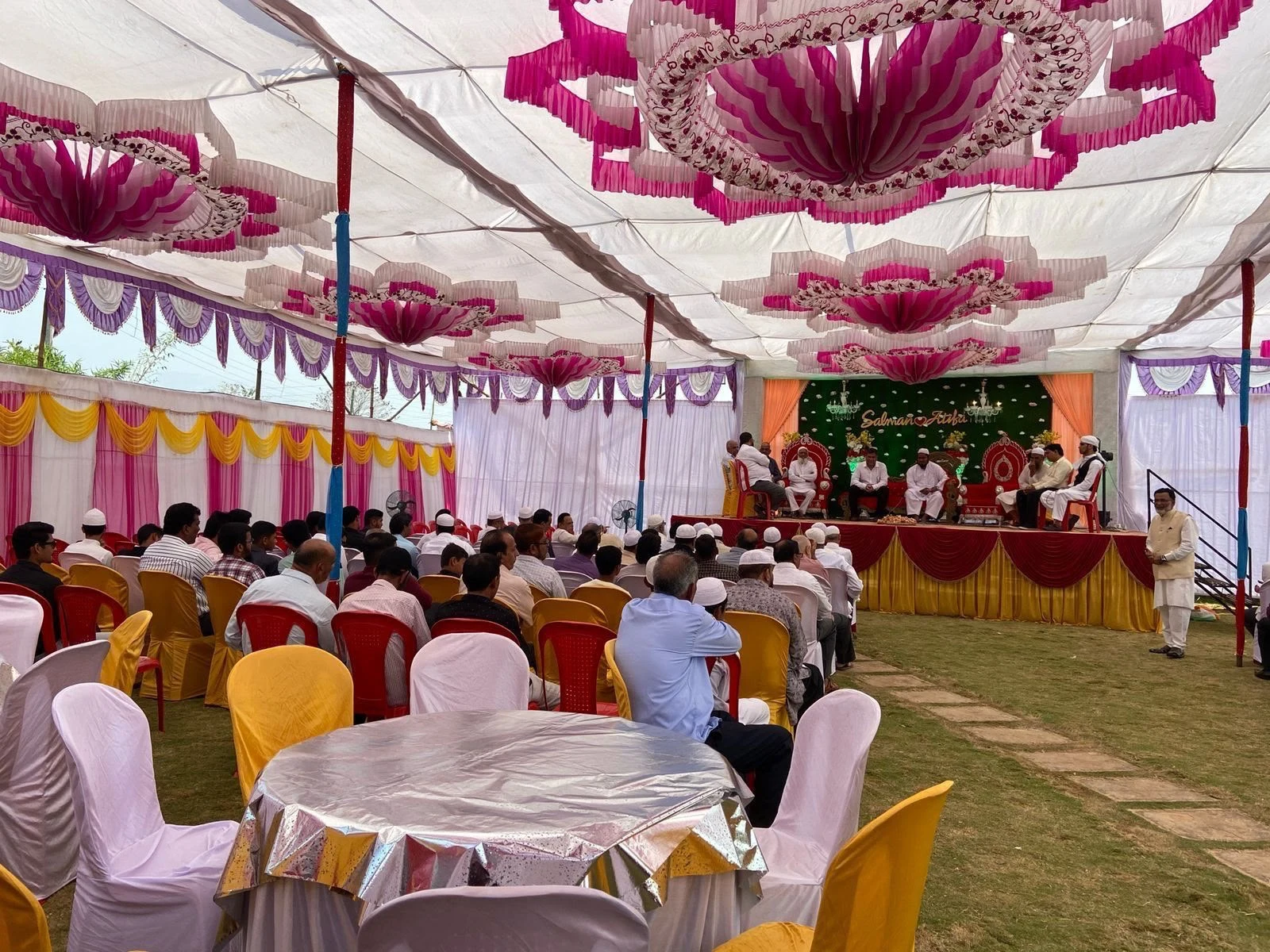 A decorated gathering space at Raigad Agro Park